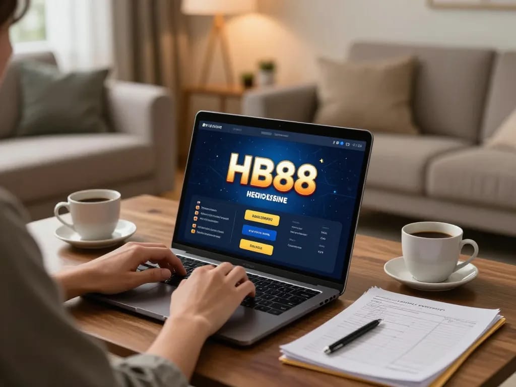 Playing games on HB88 casino app from a cozy online setup with coffee and notes.