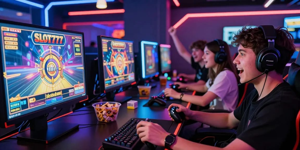 Exciting gaming scene of friends celebrating wins at SLOT777 and Slot888, highlighting link slot gacor atmosphere in a lively gaming lounge.