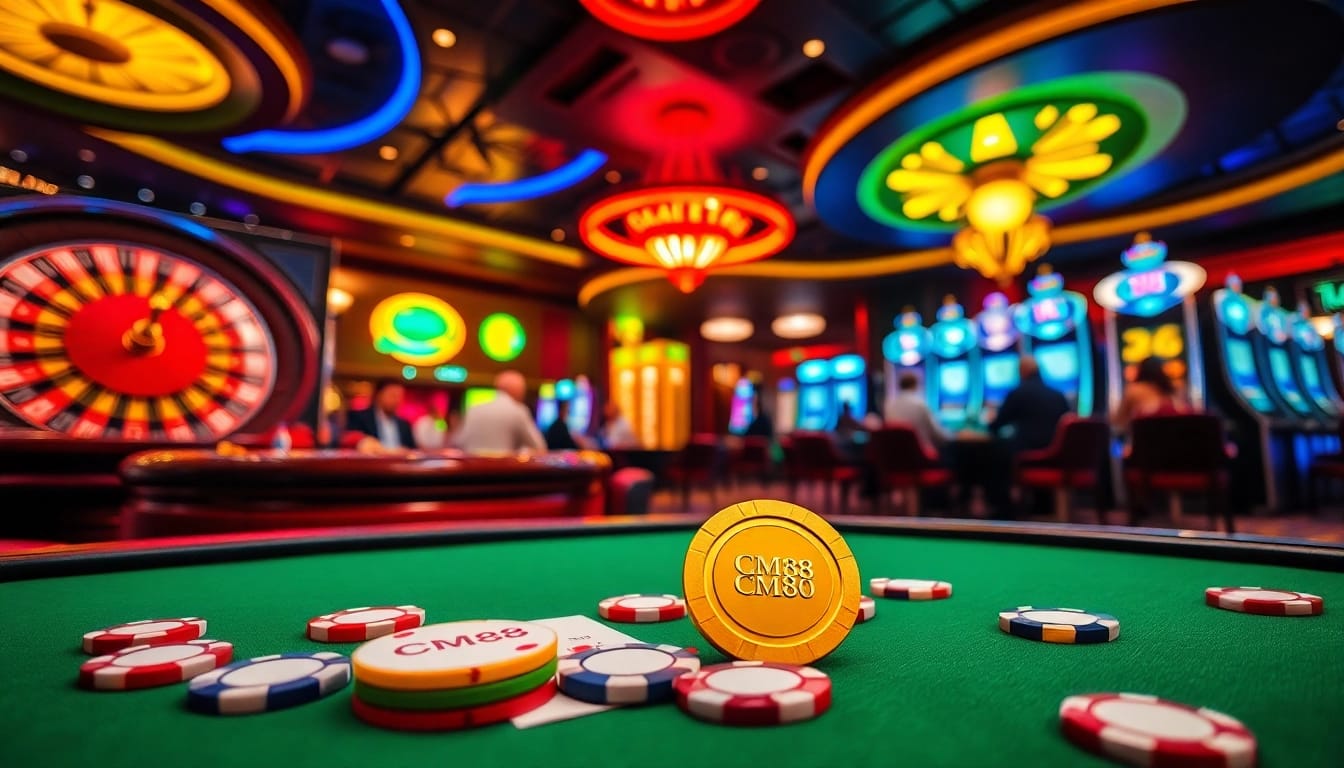 Experience the thrill of CM88 at a bustling casino, showcasing exciting table games and flashing slot machines.