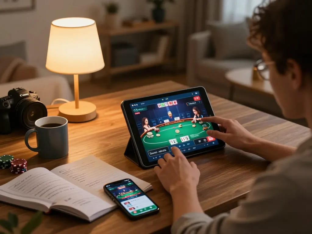 Person playing poker on a tablet at home while managing their bankroll, experiencing dr88's winning strategies
