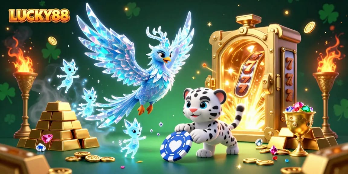 LUCKY88 showcases a vibrant casino scene with an ice phoenix and treasures sparkling in gameplay.