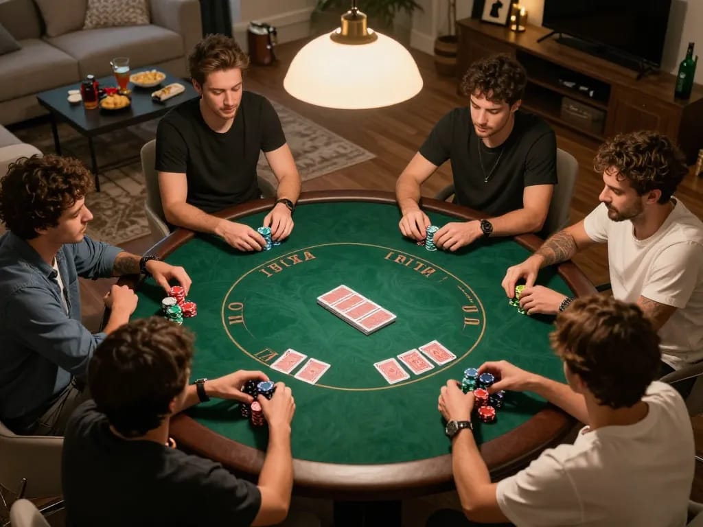 Jaya9 poker night scene with friends playing Texas Hold'em, colorful chips, inviting atmosphere