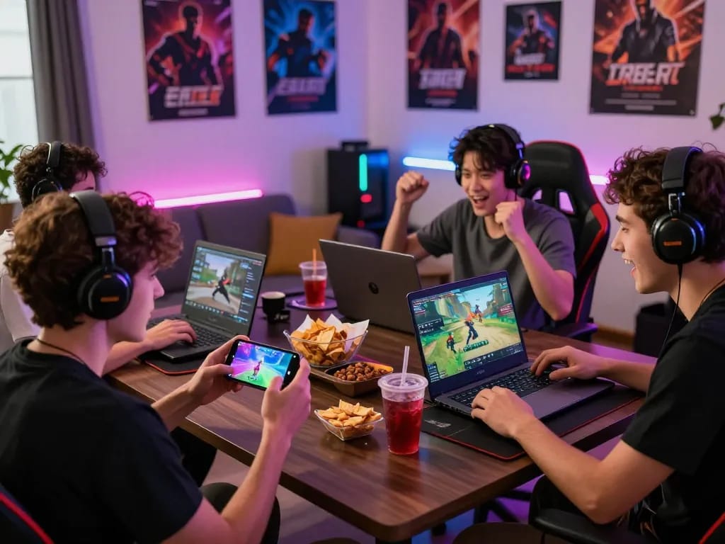 Diverse gamers engaging in enthusiastic gameplay while downloading tải hitclub on their devices in a vibrant gaming room.