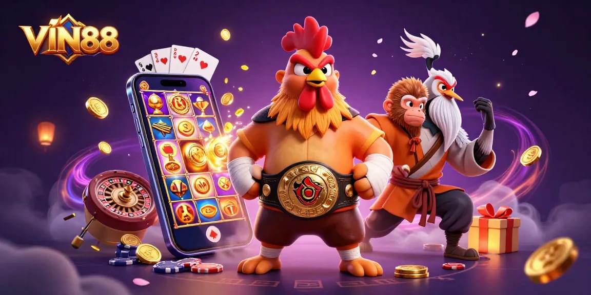 Experience the thrill of VIN88 with this vibrant 3D scene featuring a Muay Thai rooster and gaming elements.