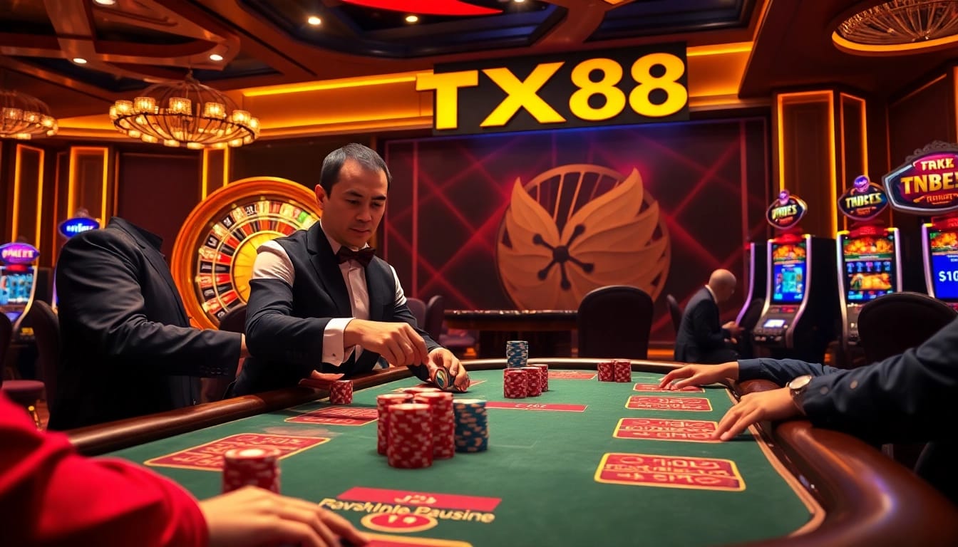 Experience TX88 excitement at a professional poker table with players and cards.