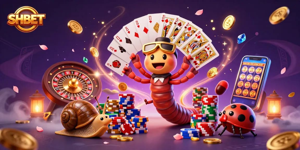 Experience the excitement of SHBET with a vibrant 3D casino scene featuring playful characters and dynamic game elements.