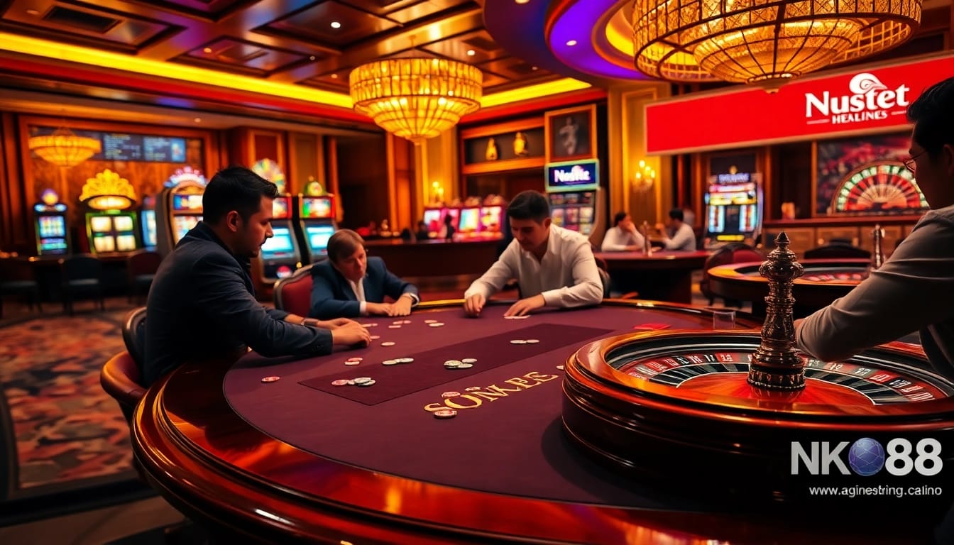Players engaging in an exciting poker game at https://nk88.us.com/, highlighting vibrant casino atmosphere.