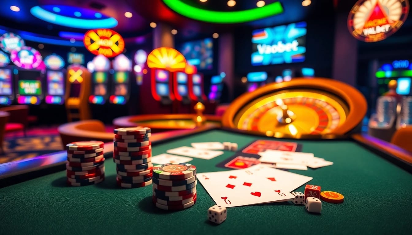 Experience thrilling poker action at vaobet with stylish tables and vibrant slot machines.