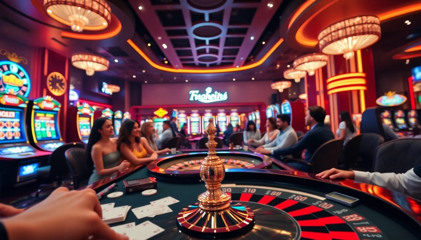 Experience thrilling gameplay at rikvip with vibrant casino tables and excited gamblers.