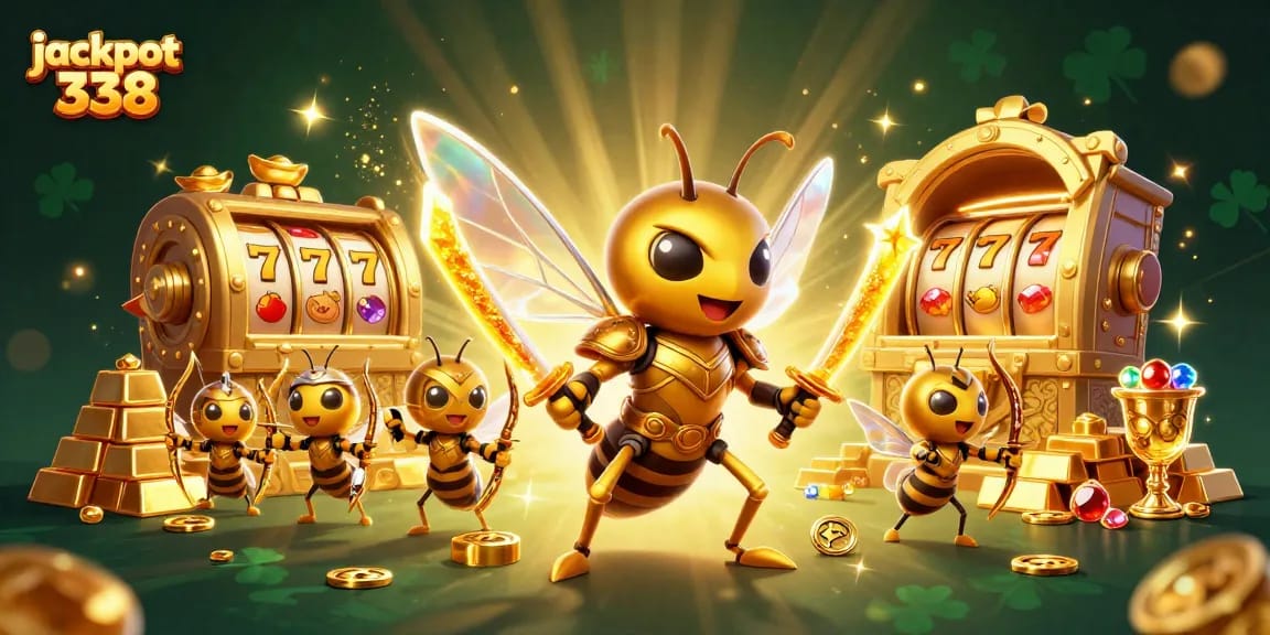Experience the excitement of jackpot 338 with a vibrant 3D casino scene featuring golden hornets and treasures.