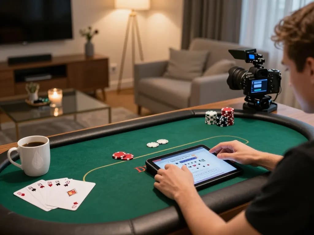TG88 player engaged in online poker from a comfortable home setting, showcasing gaming strategy.