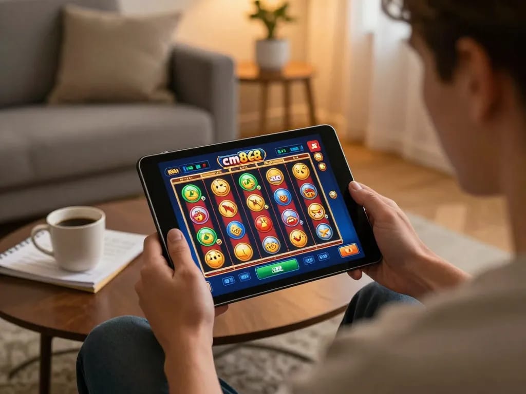 Engaging cm88 online slot game session, vibrant screen with colorful reels and interactive features.