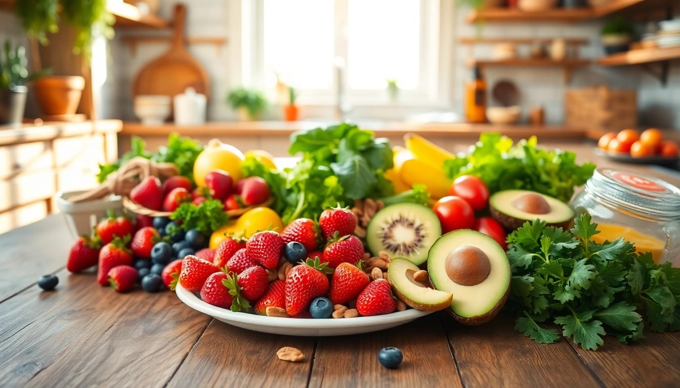 Colorful arrangement of Healthy Food including fruits and greens in a rustic kitchen setting.