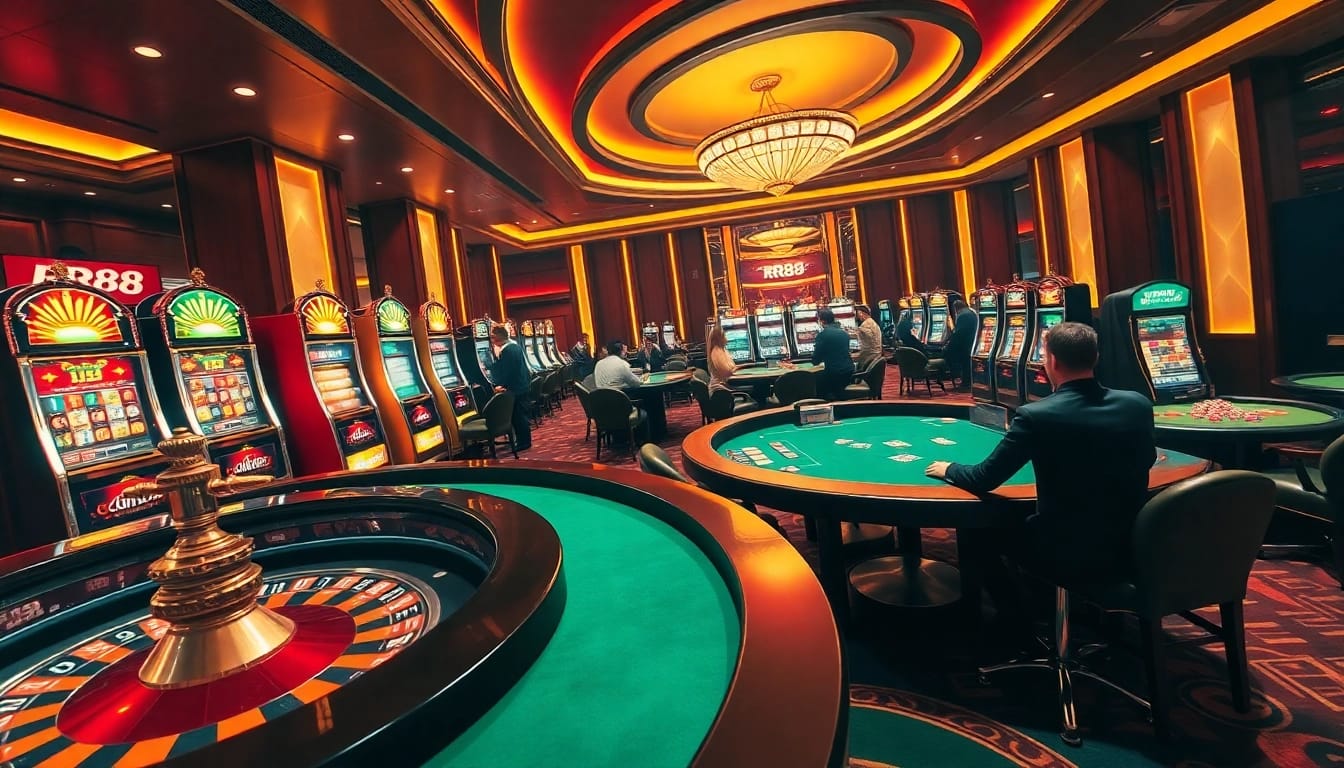 Experience the thrill of winning at RR88 casino with vibrant slot machines and poker tables.