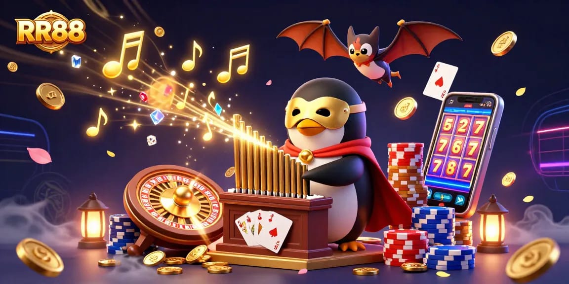 Experience the excitement of RR88 with an ultra-detailed 3D illustration featuring a penguin playing a pipe organ amidst cascading coins and casino elements.