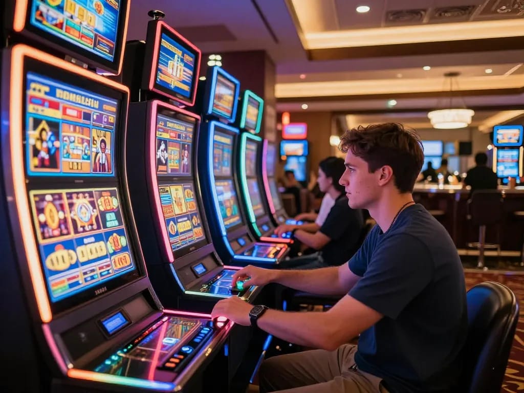 Player engaging with casino app on a smartphone for tg88 online gaming, vivid slot machines in background.