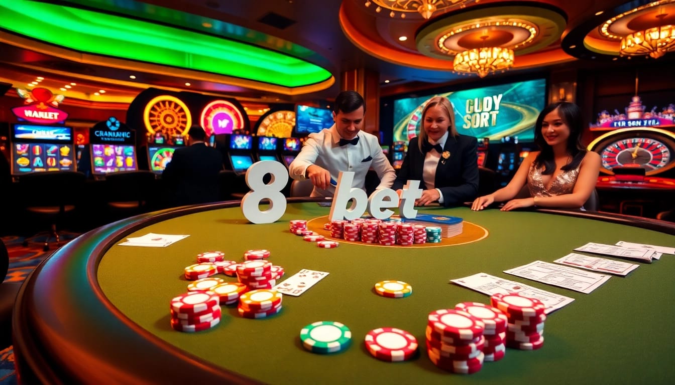 Engaged players at an 8kbet poker table, showcasing vibrant chips and thrilling gameplay.