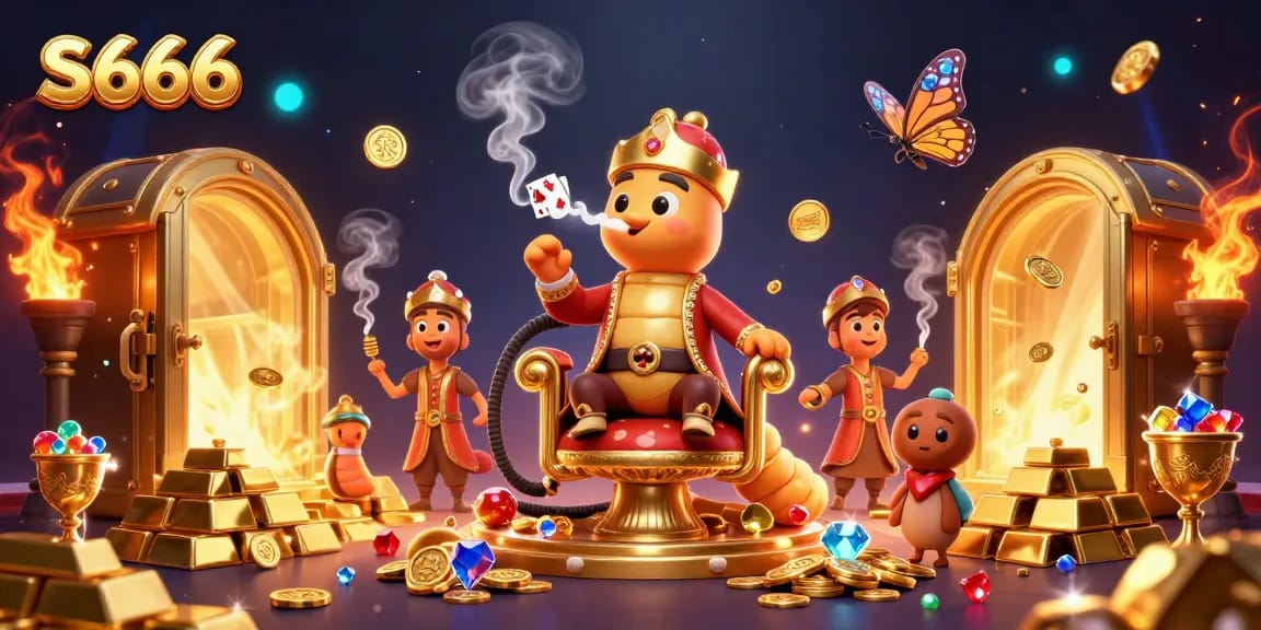 Experience thrilling games at S666 with an elaborate casino-themed 3D illustration full of treasures and excitement.