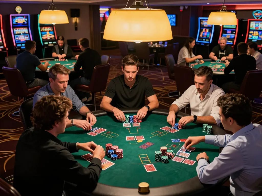 Players enjoying blackjack at DV88 casino, vibrant atmosphere with chips and cards.