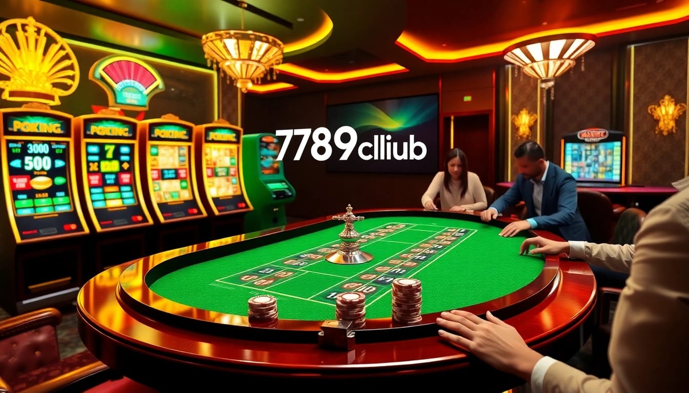 Engage in thrilling gameplay at 789club with poker chips and roulette wheels in a luxurious setting.