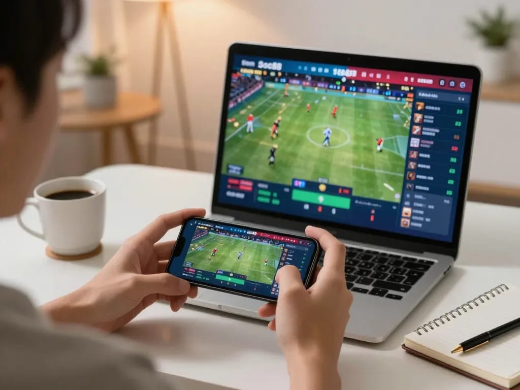 Experience live sports betting with Soc88 on a smartphone in a cozy setting.