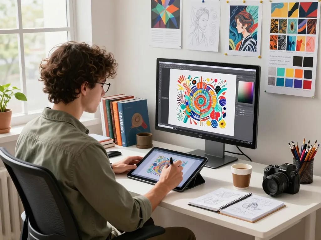 A digital artist using an image to prompt generator in a bright workspace, showcasing creativity and technology.