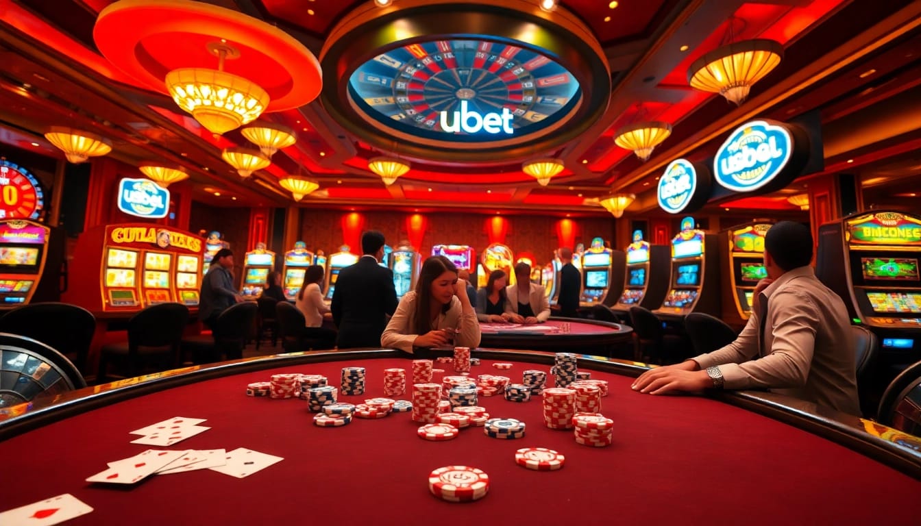 Players enjoying a thrilling game at the USBET poker table with vibrant casino atmosphere and luxurious details.