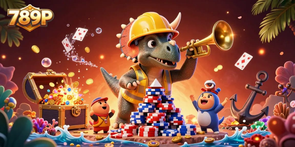 Experience thrilling gameplay with 789P as a triceratops builds poker chip towers in a vibrant casino scene.