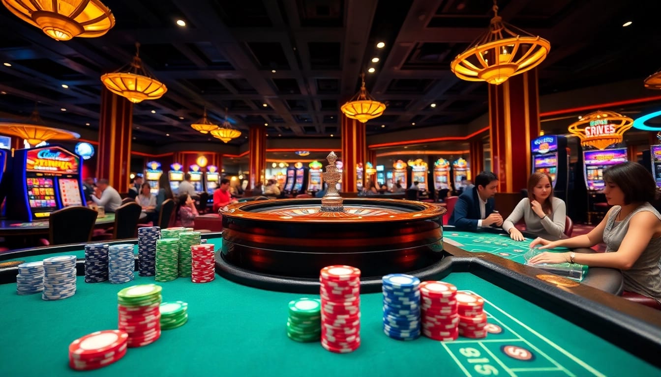 A bustling casino atmosphere with tables, roulette wheel and slot machines at KJC AC 3.