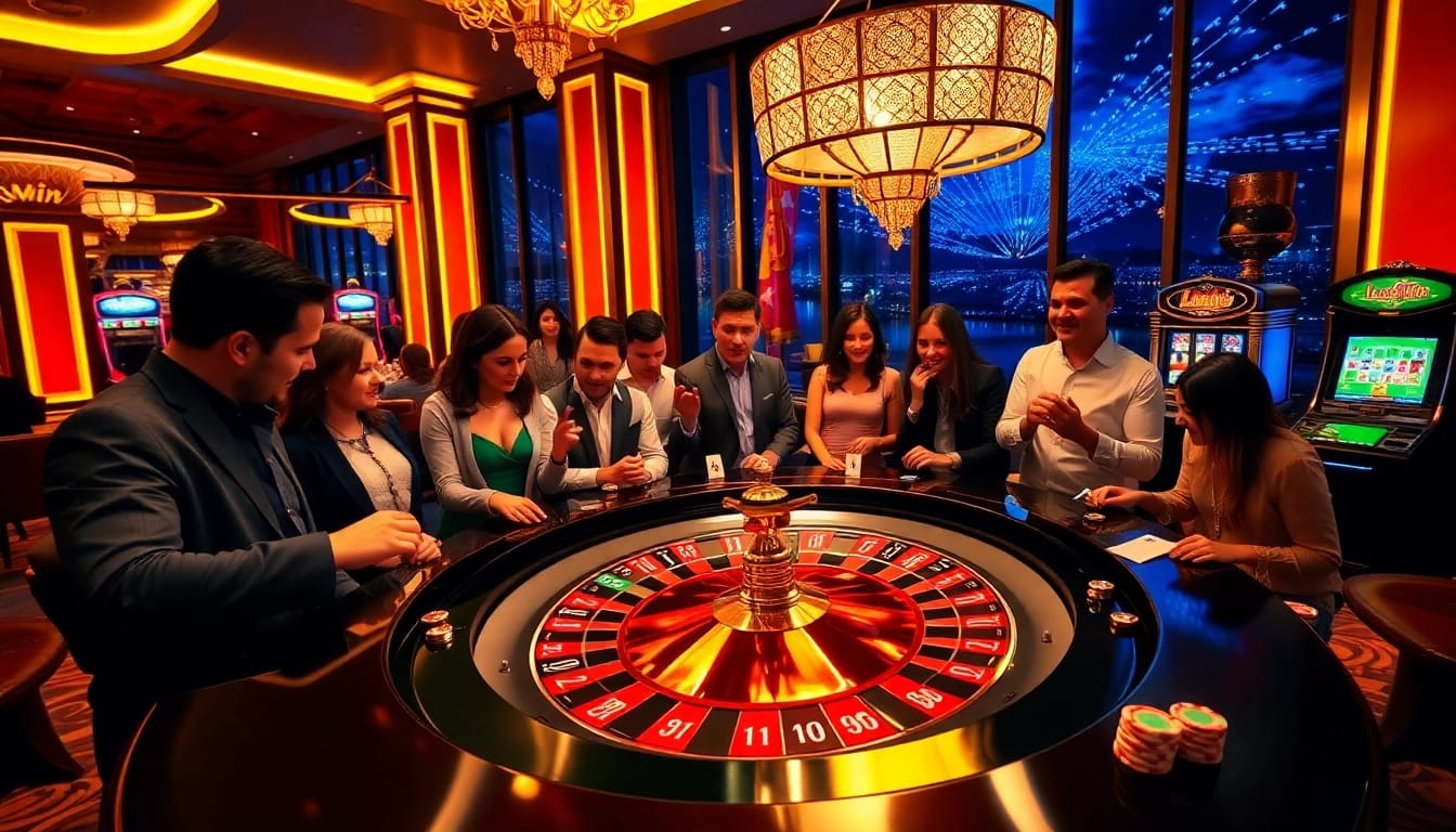 Luckywin players enjoying a thrilling game at a vibrant roulette table in a luxurious casino.