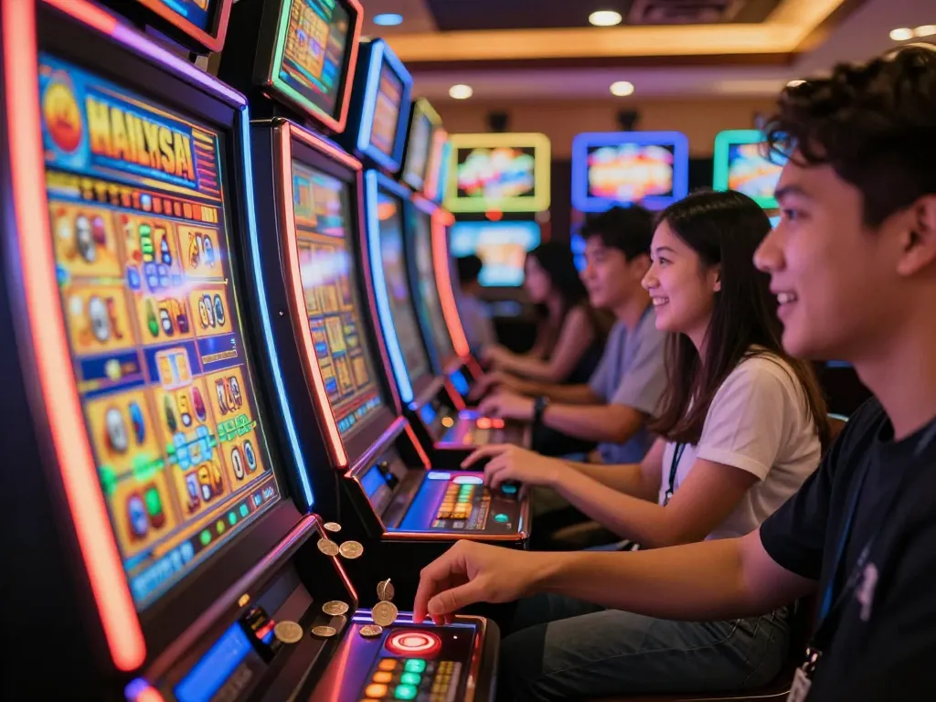 Engaged players enjoying Slot Malaysia with vibrant slot machines lighting up the casino.