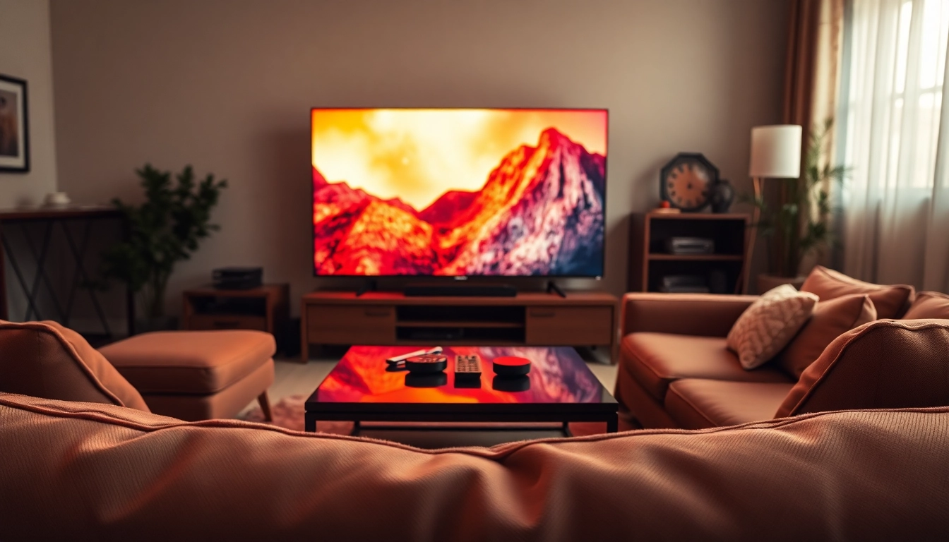 Engaging living room with iron tv streaming vibrant content on a sleek flat-screen television.