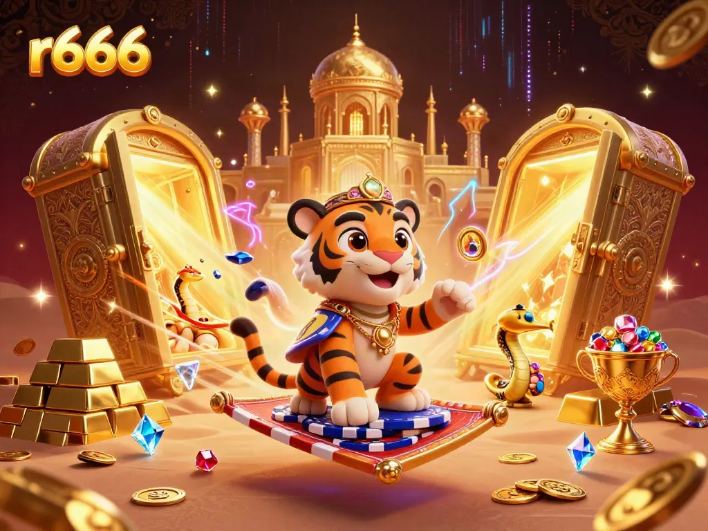 Experience r666 with a vibrant scene of a tiger sultan, magic elements, and treasure in a casino setting.