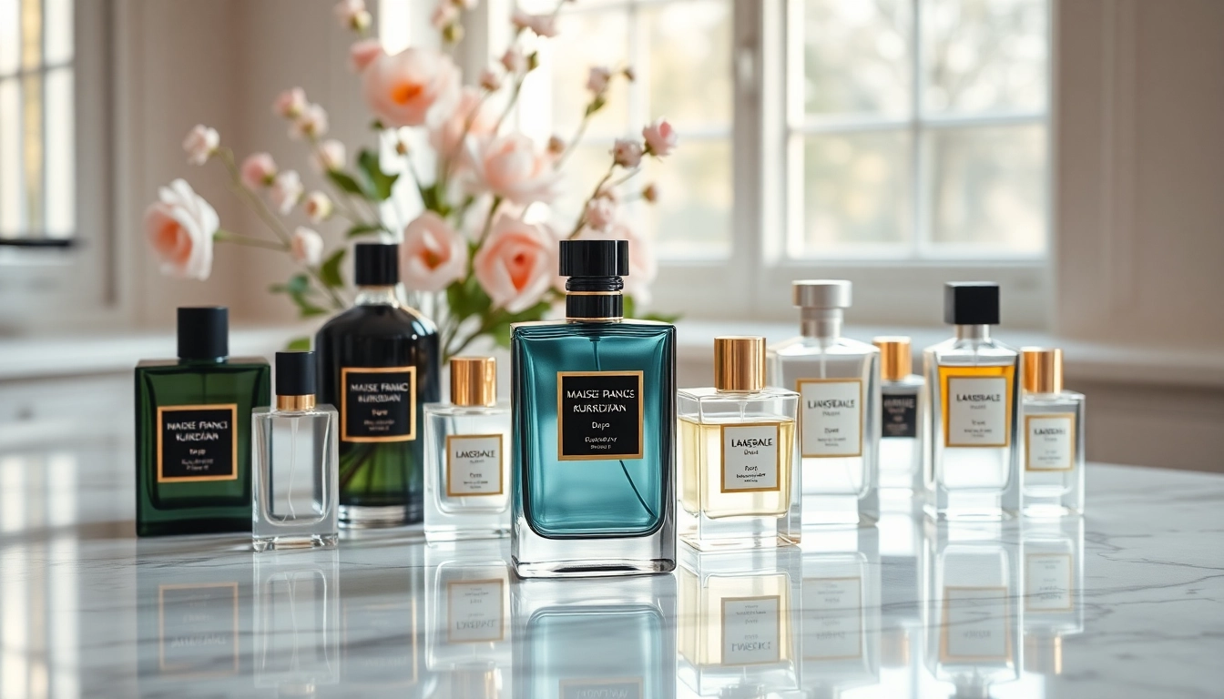 Showcasing a Maison Francis Kurkdjian dupe bottle amid an elegant fragrance display.