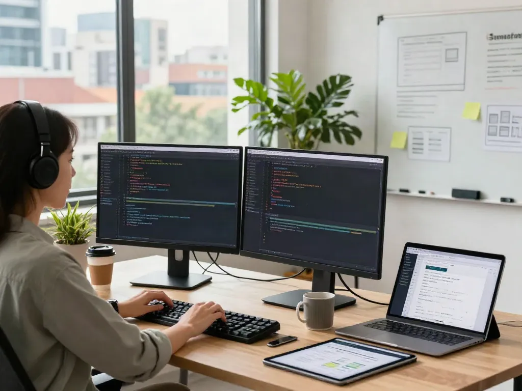 Web developer focusing on a website link design in a vibrant office.