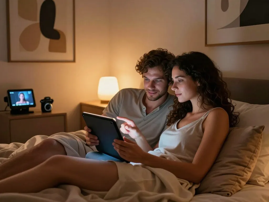 Couple exploring a modern sexual AI experience, showcasing intimacy and technology.