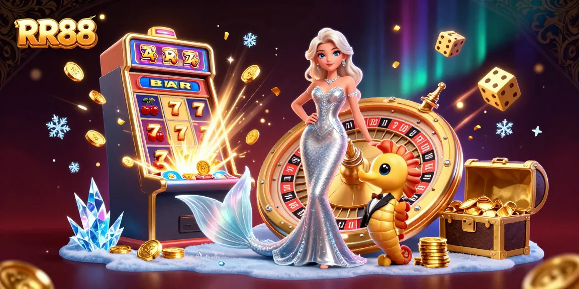 Experience the excitement of RR88 casino with a stunning roulette wheel alongside vibrant gaming elements.