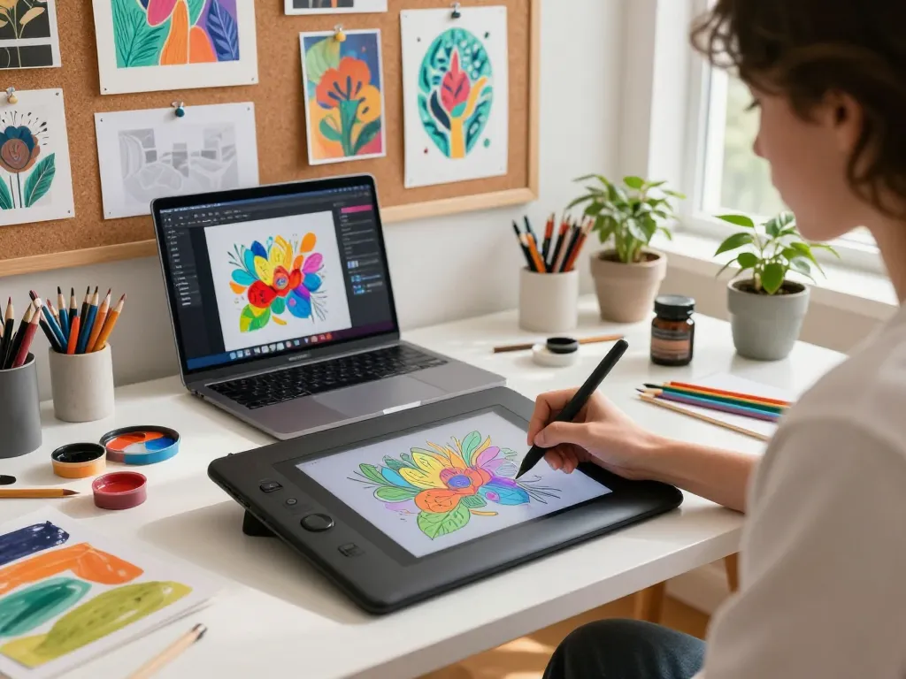 Artist generating AI image prompts on a digital tablet in a bright, creative workspace.
