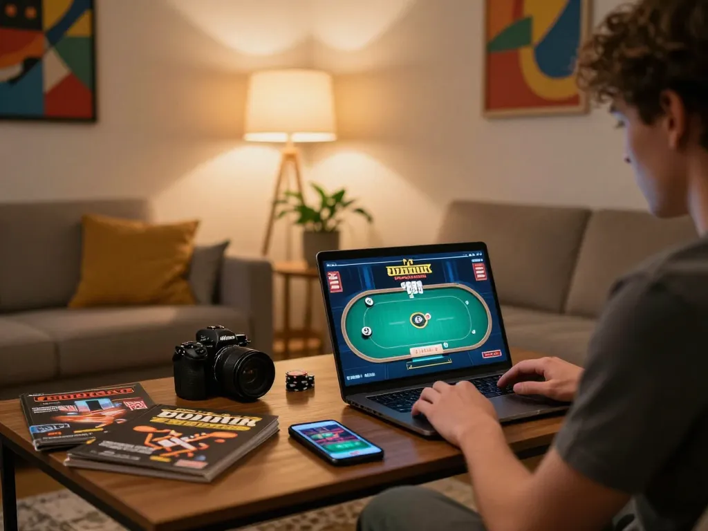 VT88 player enjoying an immersive online poker game in a cozy home setting, emphasizing responsible gaming.