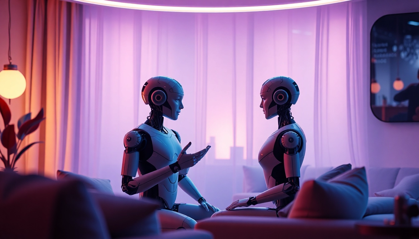 AI sex bot interacting with a user in a cozy, futuristic setting, showcasing warmth and connection.