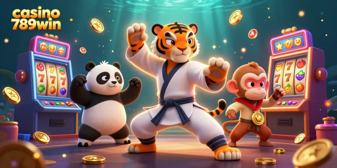 casino 789win showcases fun slot games with playful characters in an exciting 3D illustration.