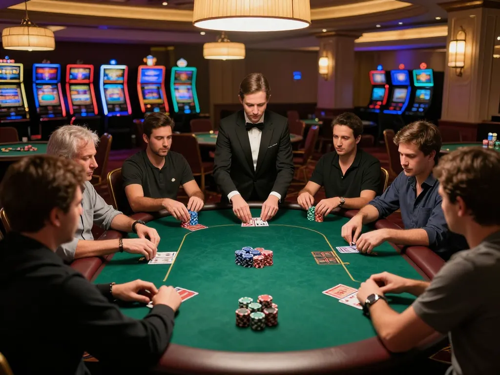 SIN88 players competing at a Texas Hold'em game in a luxury casino setting, showcasing strategic gameplay.