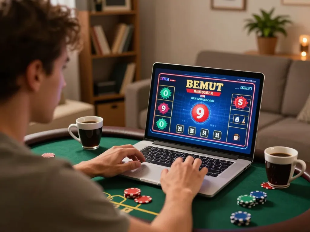 HB88 online gambler engaged in poker gameplay at home with vibrant screen graphics.