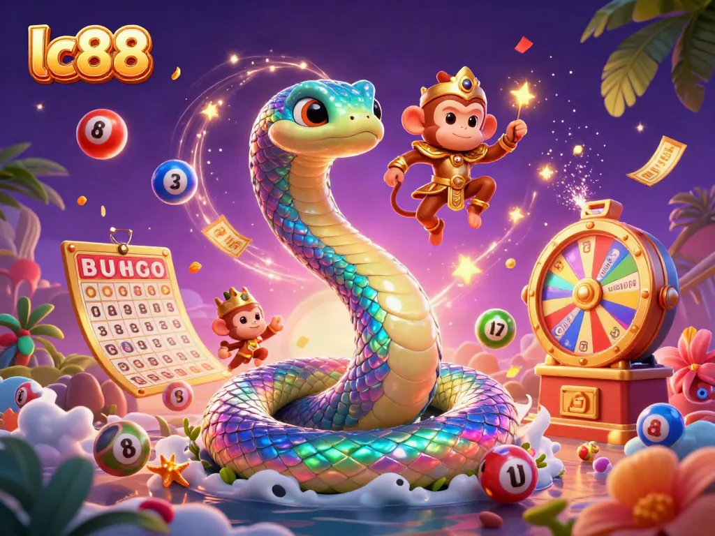 Engage with the vibrant lc88 gaming universe featuring a rainbow serpent and monkey king among dynamic lottery elements.