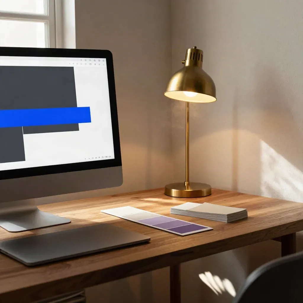 Desktop monitor with homepage mockup beside laptop, colour strip and sample cards in a cozy studio corner