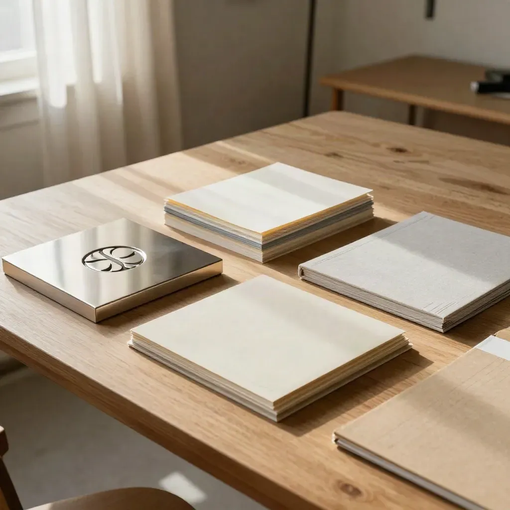 Brand identity materials on a studio worktable with warm daylight and paper textures.