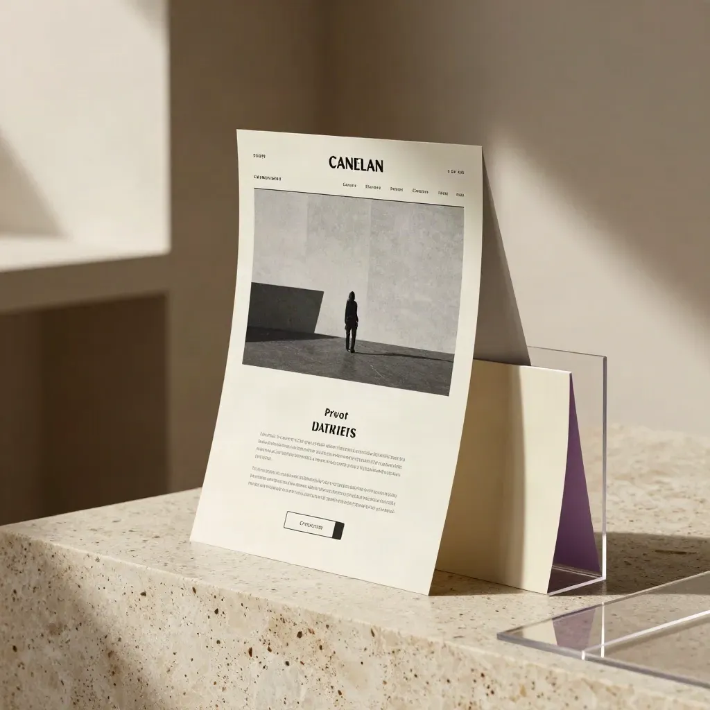 Landing-page mockup display, folded launch mailer and acrylic section blocks on travertine.