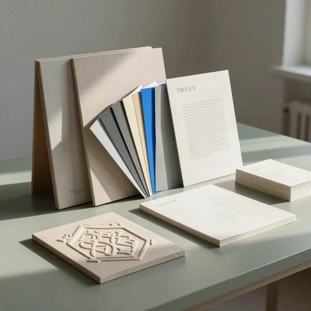 Layered brand identity materials on a studio table in rain-lit haze, with an electric-blue accent.
