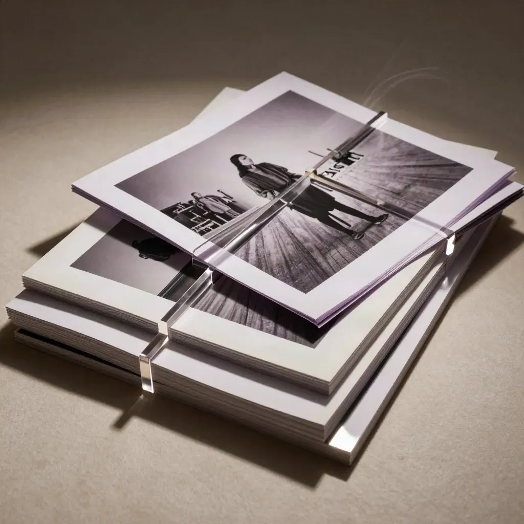 Top-down social graphic tiles, proofs and acrylic frame on a neutral studio surface with lilac accents.