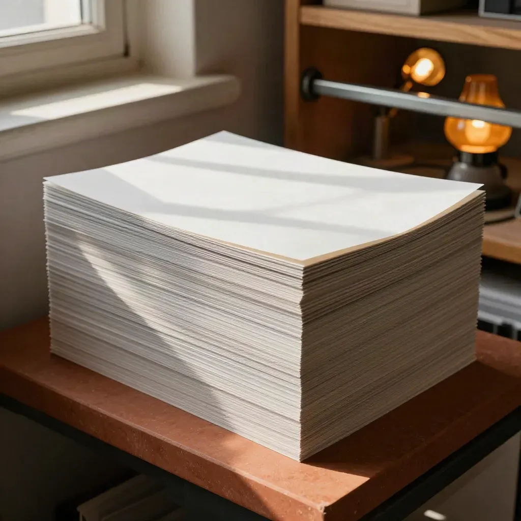 Print shop stack of cards and flyer blanks in warm late-afternoon light